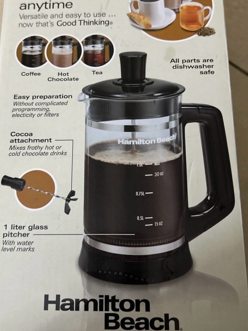 Hamilton Beach Black French Press with Cocoa Attachment New In Box - Picture 2 of 2